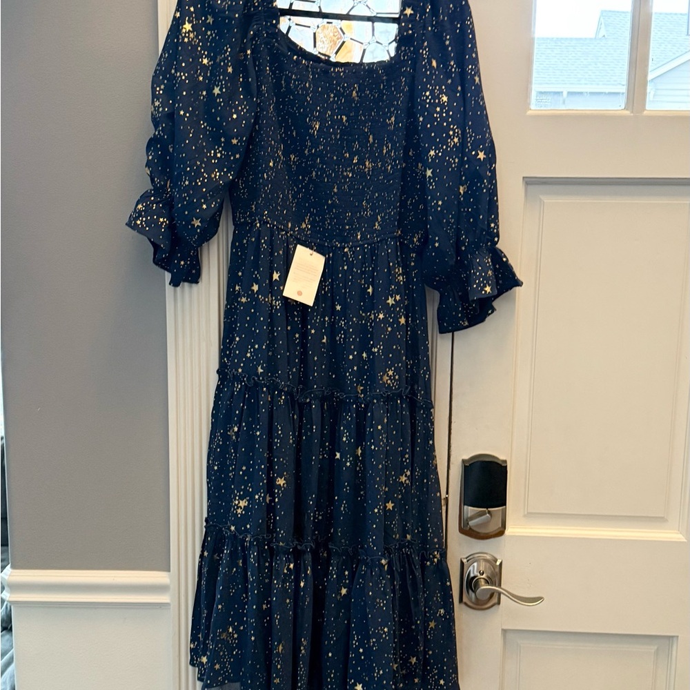 Ivy City Co Navy and Gold Midi Dress